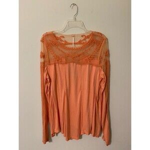 Free People Jojo Mixed Media Long Sleeve Embroidered Orange Blouse Tunic Medium